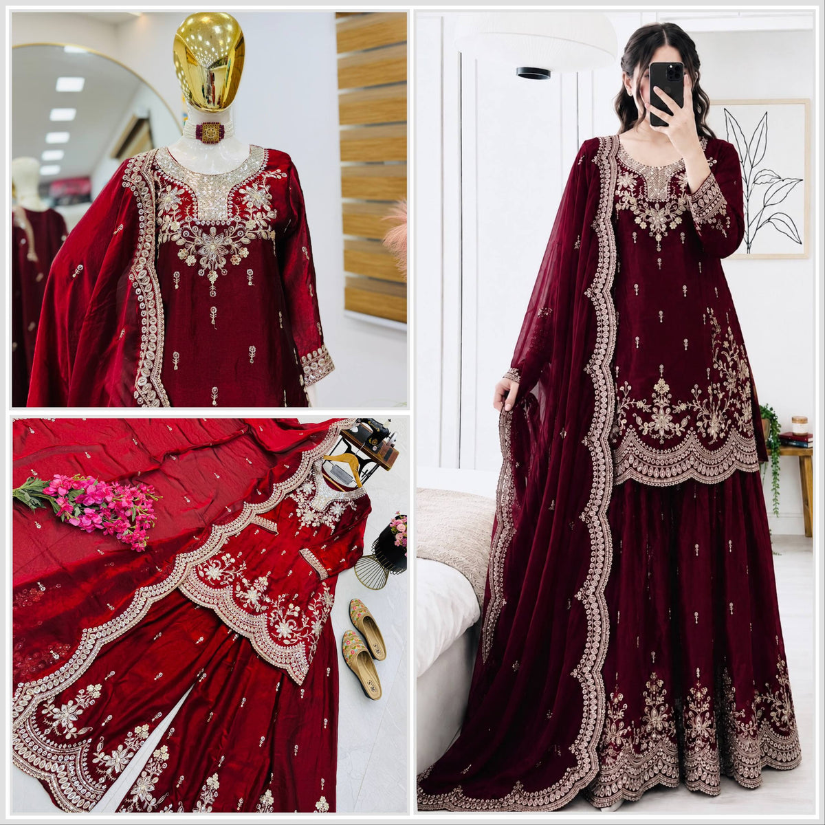 SEVEN HORSES Satin-Finish Embroidered Printed Sharara Suit Dupatta Set ClothsVilla