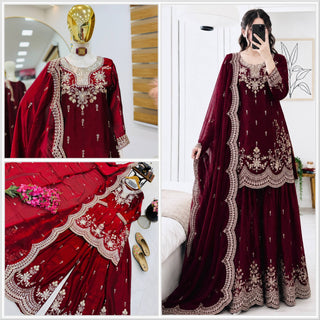 SEVEN HORSES Satin-Finish Embroidered Printed Sharara Suit Dupatta Set ClothsVilla