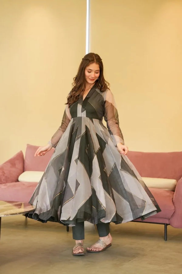 Zigzag Black & Gray Foil Work Anarkali Set with Dupatta – Fully Flared & Ready-to-Wear