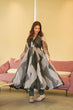 Load image into Gallery viewer, Zigzag Black &amp; Gray Foil Work Anarkali Set with Dupatta – Fully Flared &amp; Ready-to-Wear