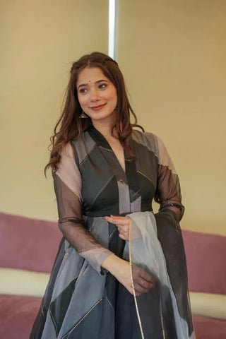 Zigzag Black & Gray Foil Work Anarkali Set with Dupatta – Fully Flared & Ready-to-Wear
