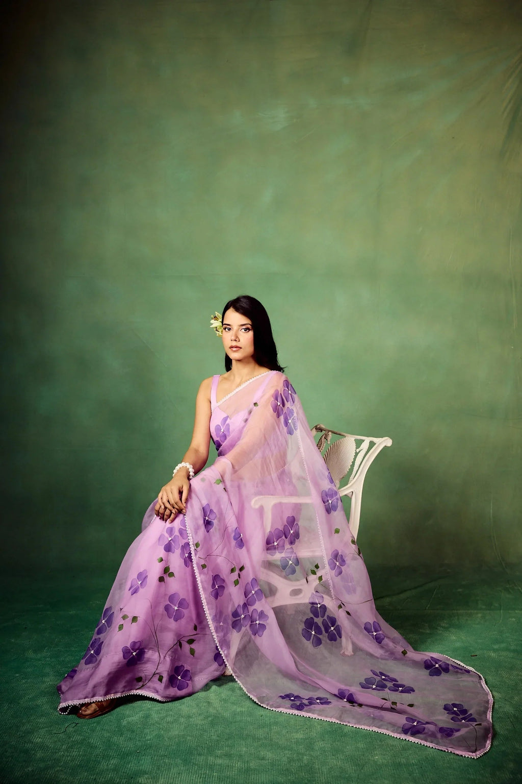 Lavender Pure Organza Saree with Hand-Painted Purple Floral Motifs & Pearl Sequin Highlights | Satin Blouse FANCY SAREES
