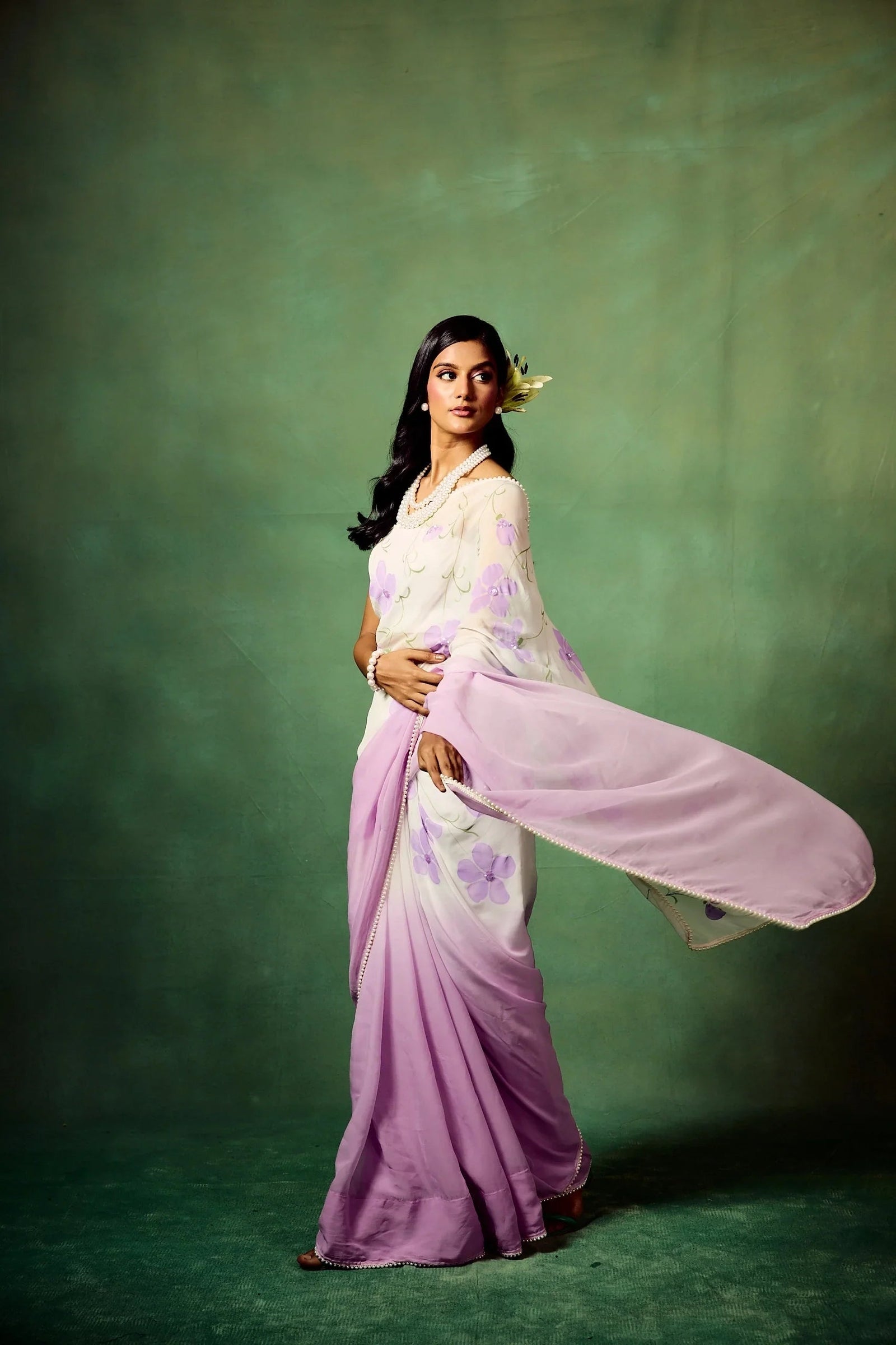 Lavender Bloom Pure Georgette Saree – Hand-Painted Floral Motifs with Sequins & Modal Satin Blouse FANCY SAREES