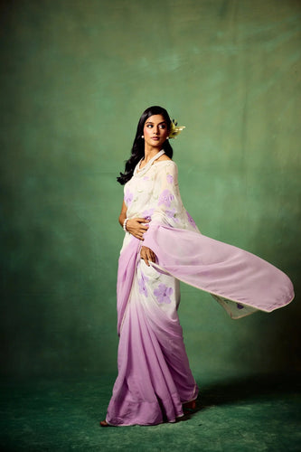 Lavender Bloom Pure Georgette Saree – Hand-Painted Floral Motifs with Sequins & Modal Satin Blouse FANCY SAREES