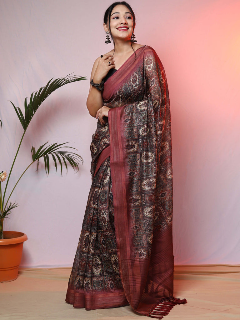 Pashmina Ajrakh Printed Saree with Copper Zari Woven Border Maroon Clothsvilla
