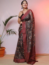 Load image into Gallery viewer, Pashmina Ajrakh Printed Saree with Copper Zari Woven Border Maroon Clothsvilla