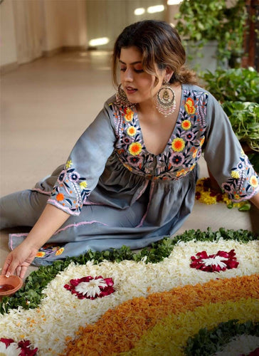 Grey Colored Georgette suit with Resham work ClothsVilla