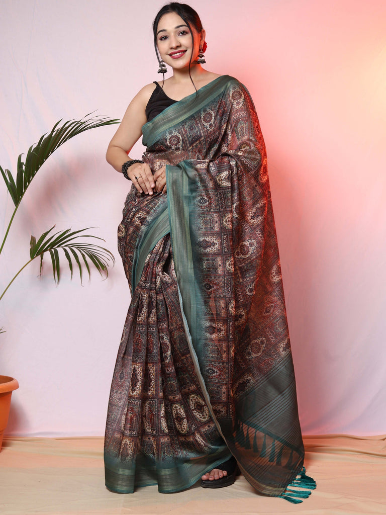 Pashmina Ajrakh Printed Saree with Copper Zari Woven Border Rama Clothsvilla