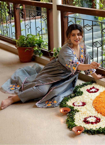 Grey Colored Georgette suit with Resham work ClothsVilla