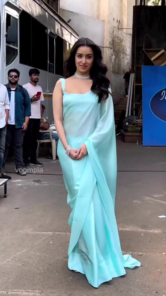 Sky color Fluffy Satin Saree with same tone silk blouse for women Clothsvilla