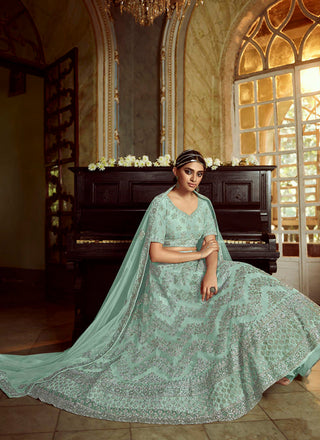 impressive Sky Blue Zarkan Dori Soft Net Lehenga Choli Set Clothsvilla