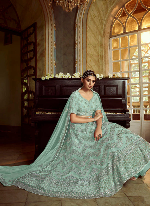 impressive Sky Blue Zarkan Dori Soft Net Lehenga Choli Set Clothsvilla