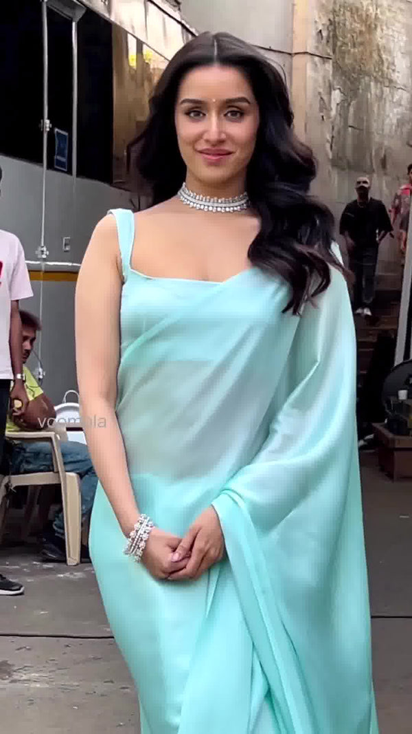 Sky color Fluffy Satin Saree with same tone silk blouse for women Clothsvilla