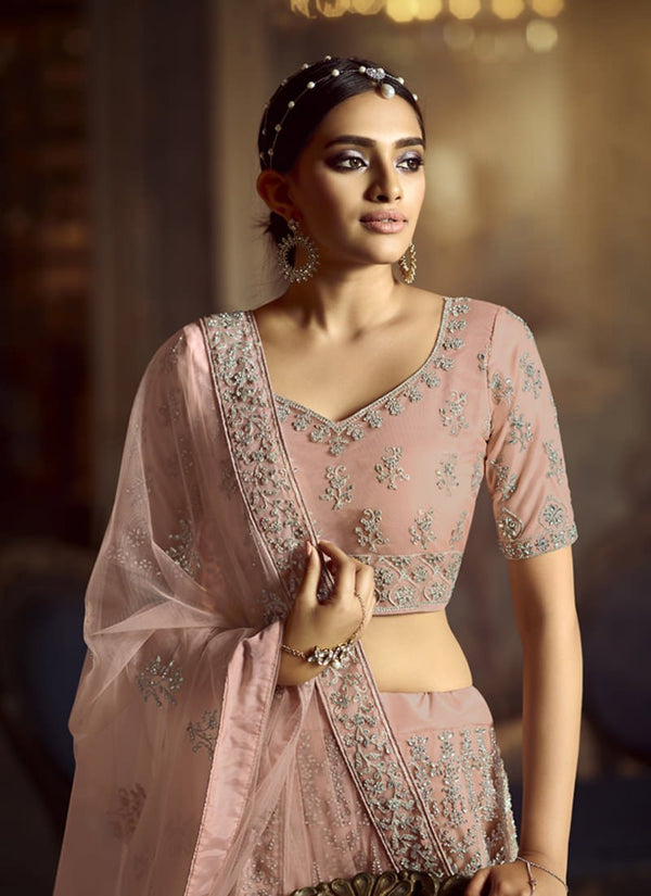Majestic Peach Dori Work Soft Net base Panelled Lehenga Choli Set Clothsvilla