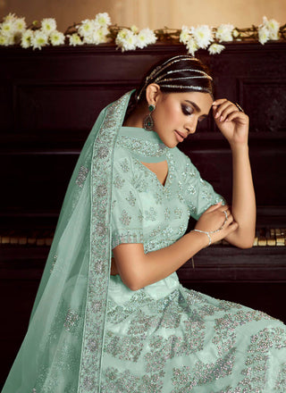 impressive Sky Blue Zarkan Dori Soft Net Lehenga Choli Set Clothsvilla