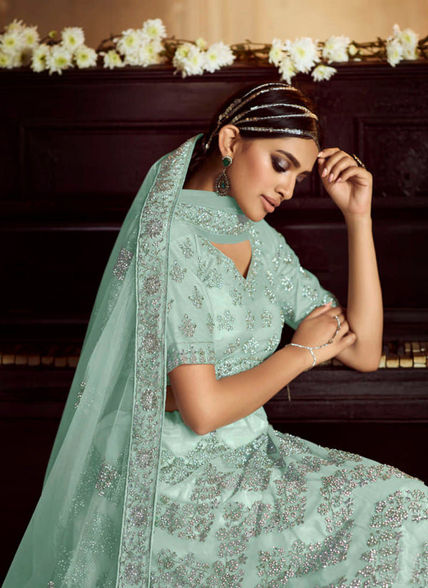 impressive Sky Blue Zarkan Dori Soft Net Lehenga Choli Set Clothsvilla