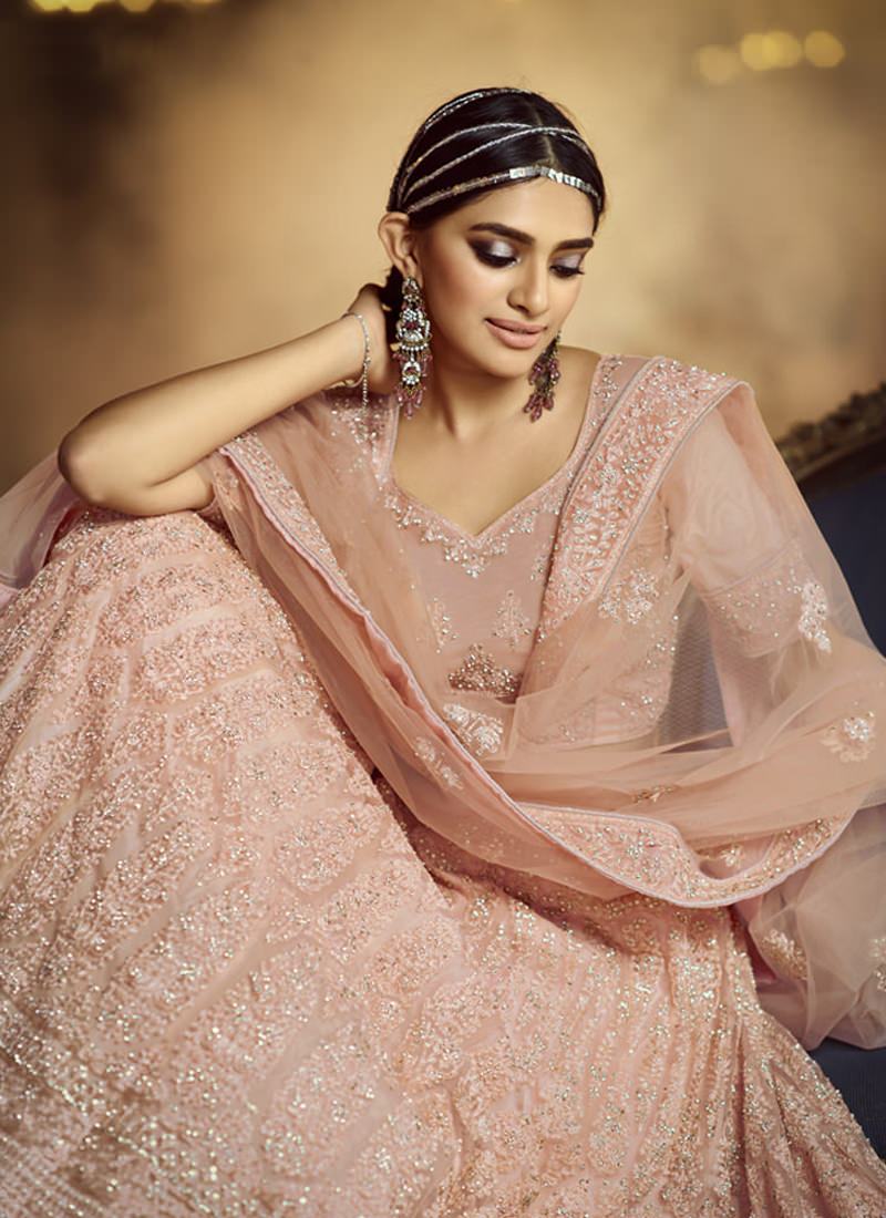 Decent Peach Zarkan Dori Soft Net Lehenga Choli Set Clothsvilla