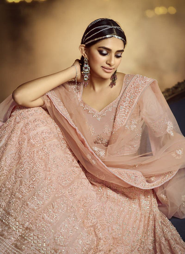 Decent Peach Zarkan Dori Soft Net Lehenga Choli Set Clothsvilla