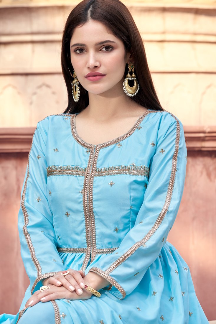 Blue Colored Semi Stitched Kurti & Unstitched Pant Set Clothsvilla