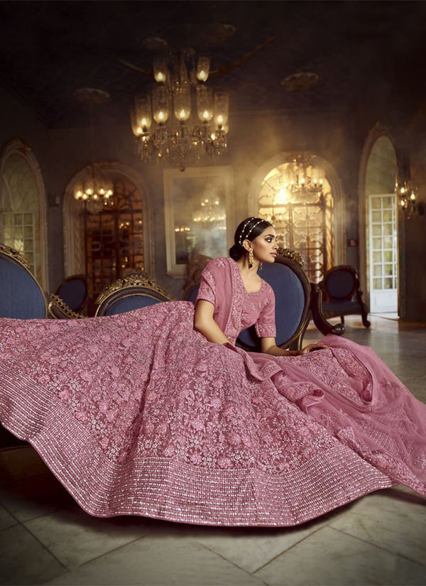 Marvelous Pink Dori Zarkan Work Soft Net Lehenga Choli Clothsvilla