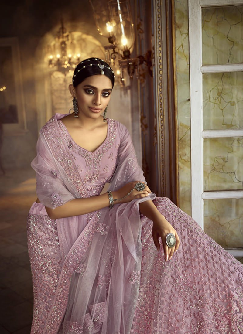 Splendid Pink Dori Zarkan Soft Net Base Lehenga Choli Set Clothsvilla