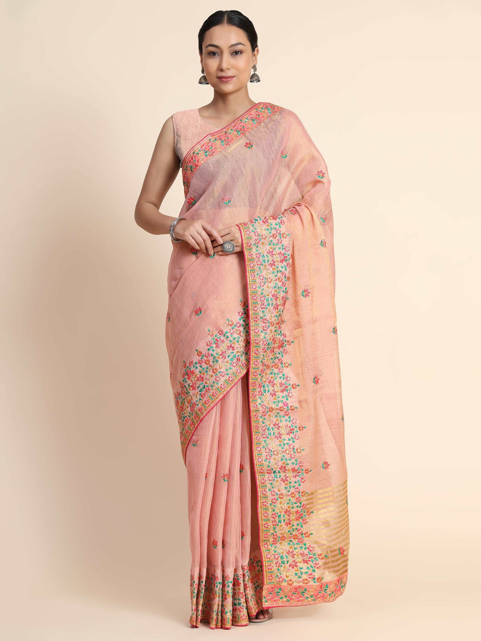 Gold Tissue Embroidered Panel Work Saree Pastel Pink Clothsvilla