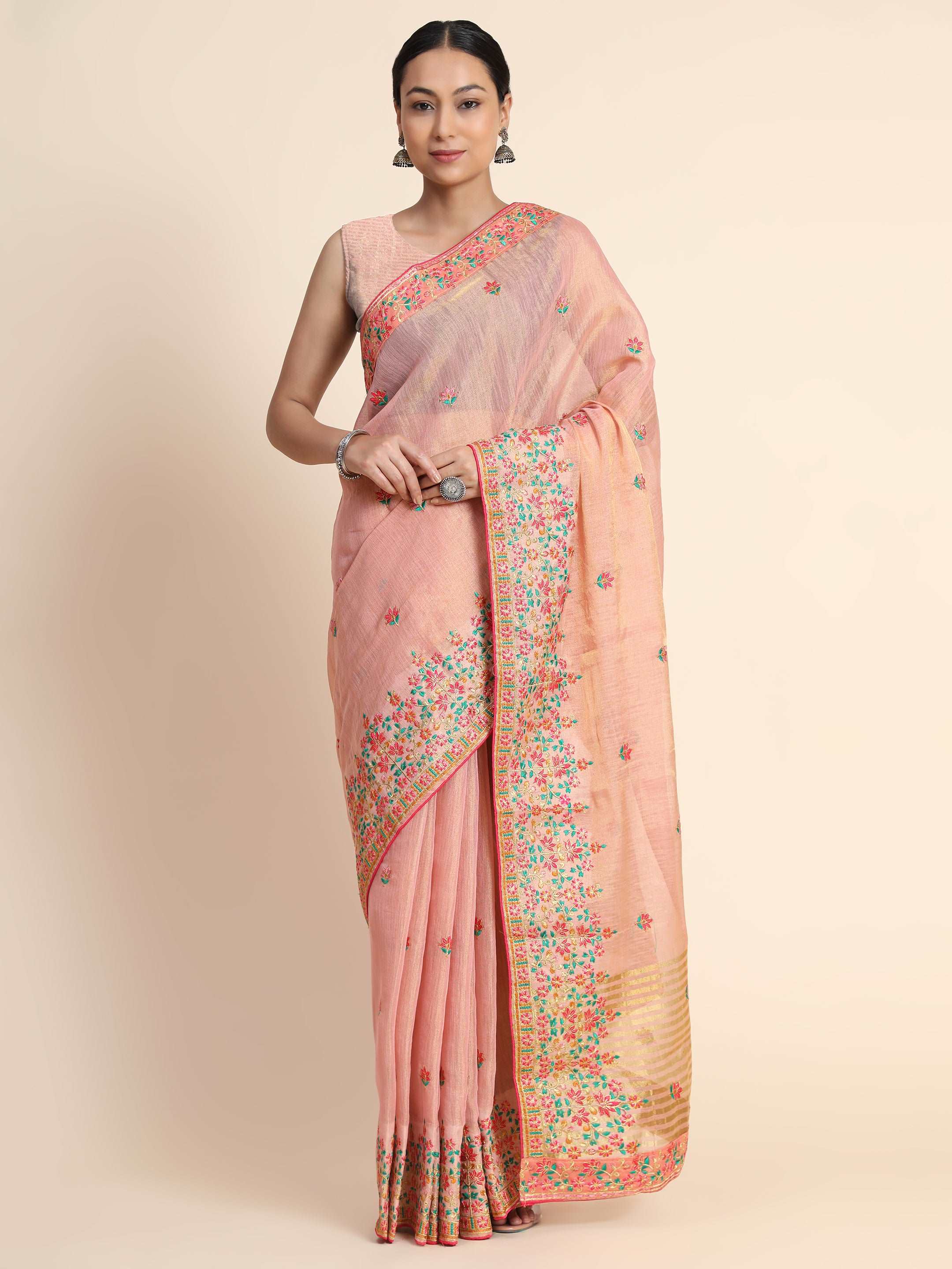 Gold Tissue Embroidered Panel Work Saree Pastel Pink Clothsvilla Main image