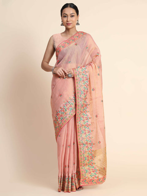 Gold Tissue Embroidered Panel Work Saree Pastel Pink Clothsvilla Main image