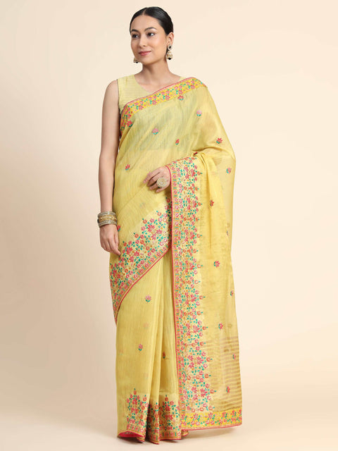 Gold Tissue Embroidered Panel Work Saree Yellow Gold Clothsvilla Main image