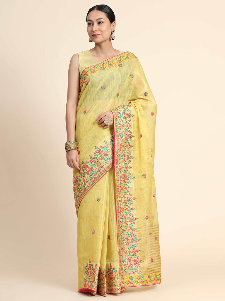 Gold Tissue Embroidered Panel Work Saree Yellow Gold Clothsvilla