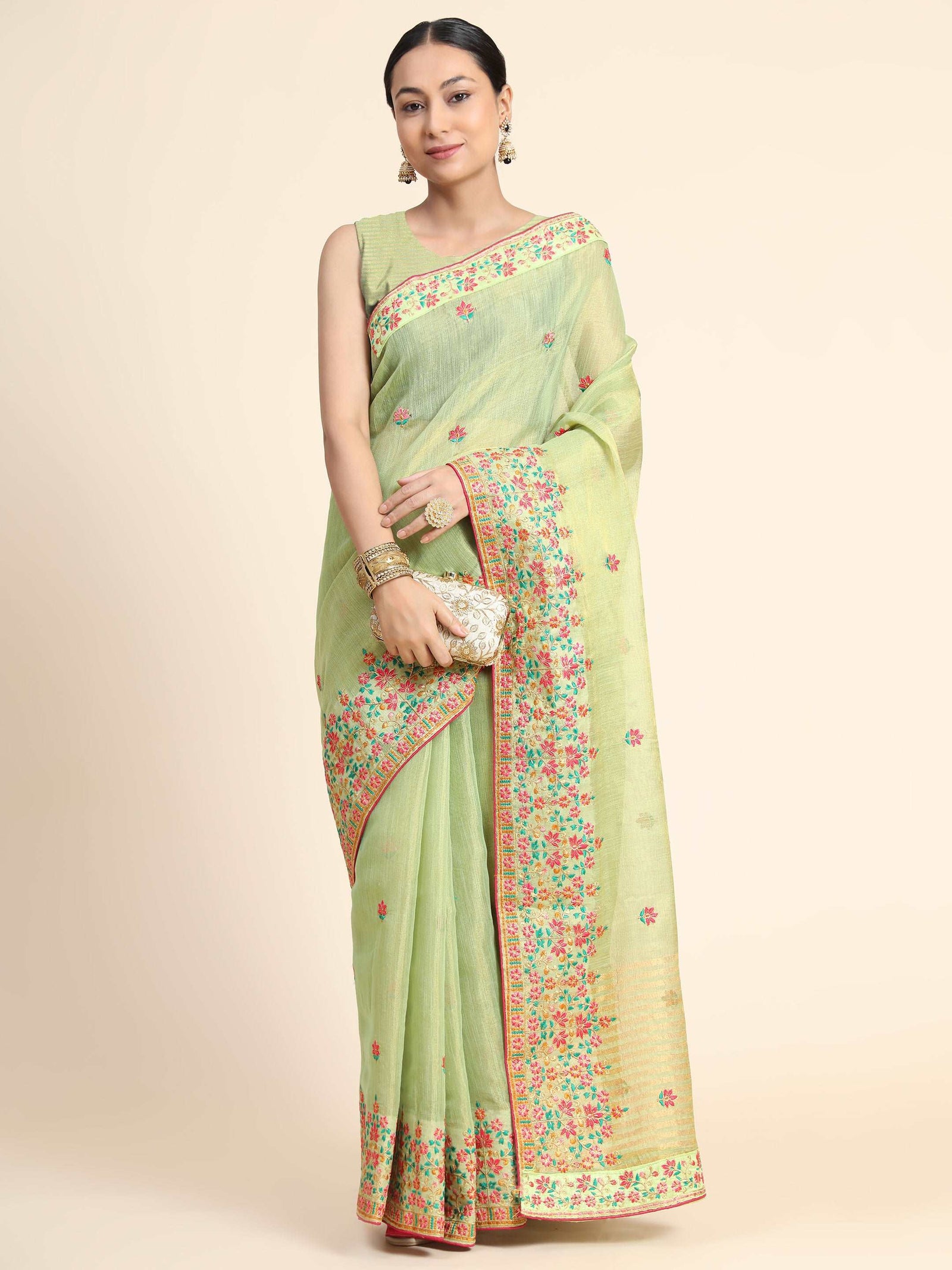 Gold Tissue Embroidered Panel Work Saree Pista Green Clothsvilla