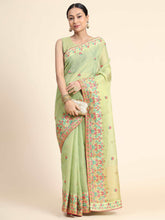 Load image into Gallery viewer, Gold Tissue Embroidered Panel Work Saree Pista Green Clothsvilla