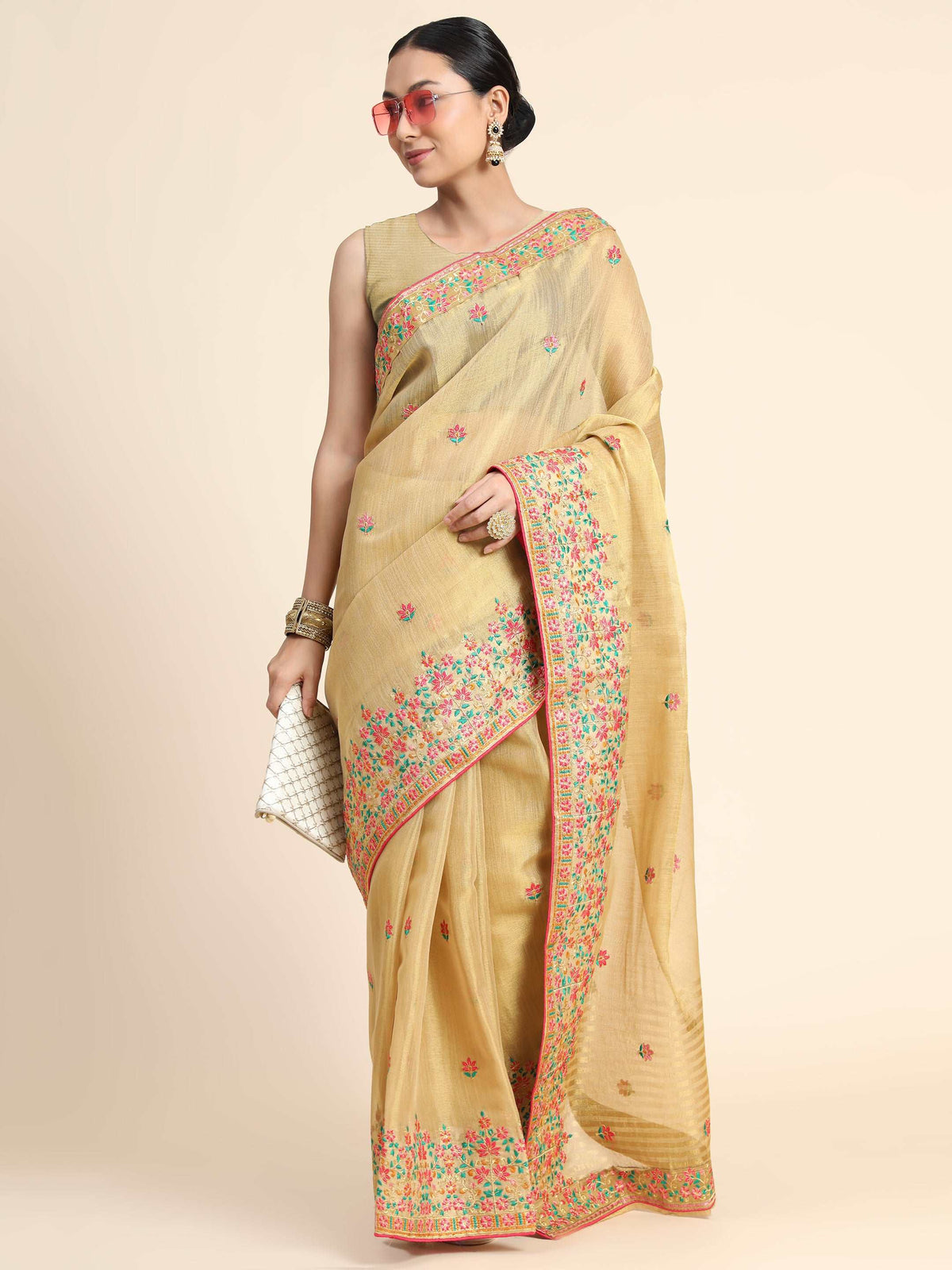 Gold Tissue Embroidered Panel Work Saree Chickoo Clothsvilla Main image