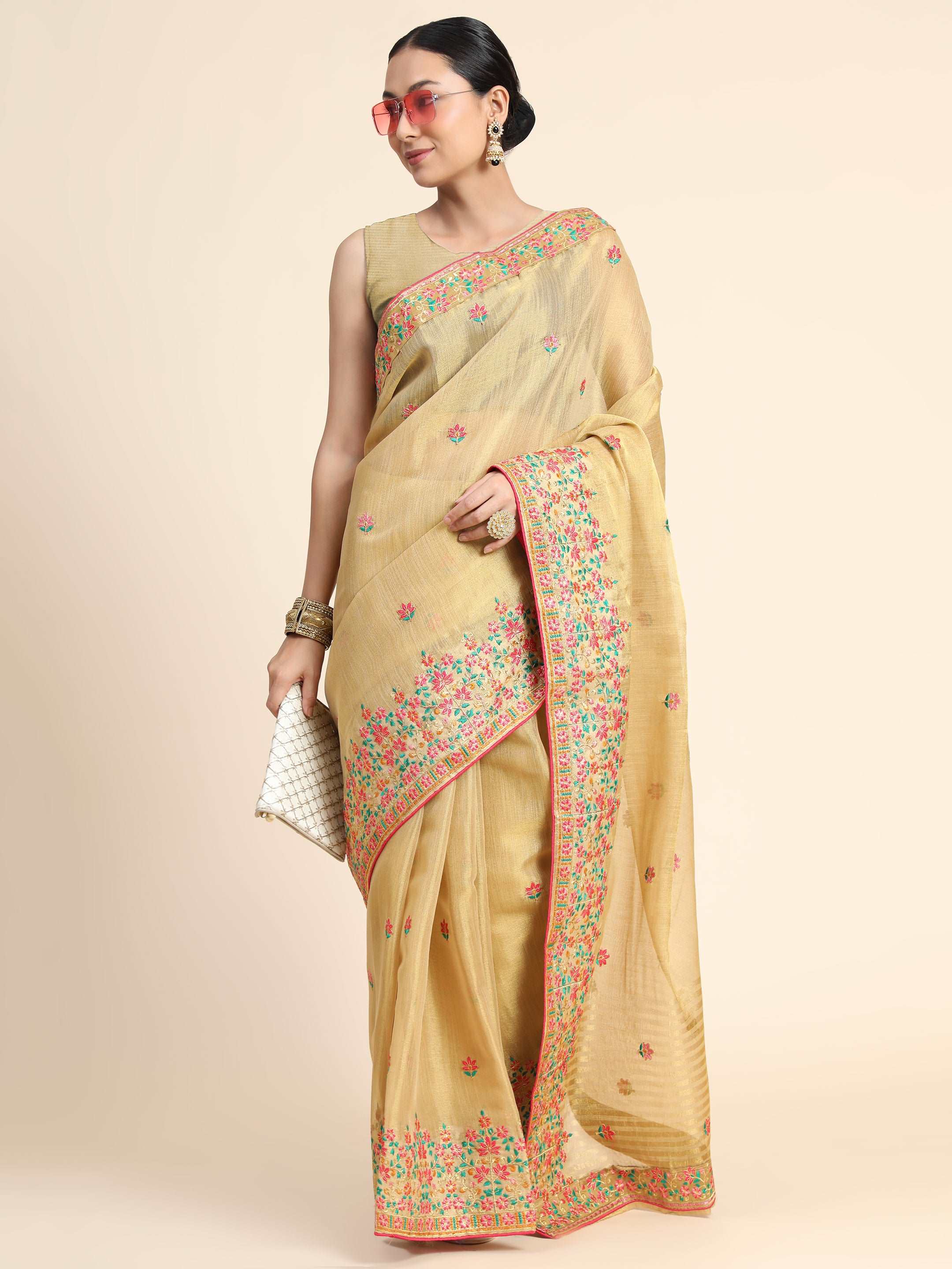Gold Tissue Embroidered Panel Work Saree Chickoo Clothsvilla Main image