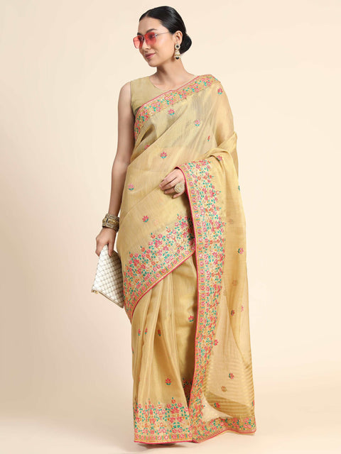 Gold Tissue Embroidered Panel Work Saree Chickoo Clothsvilla Main image