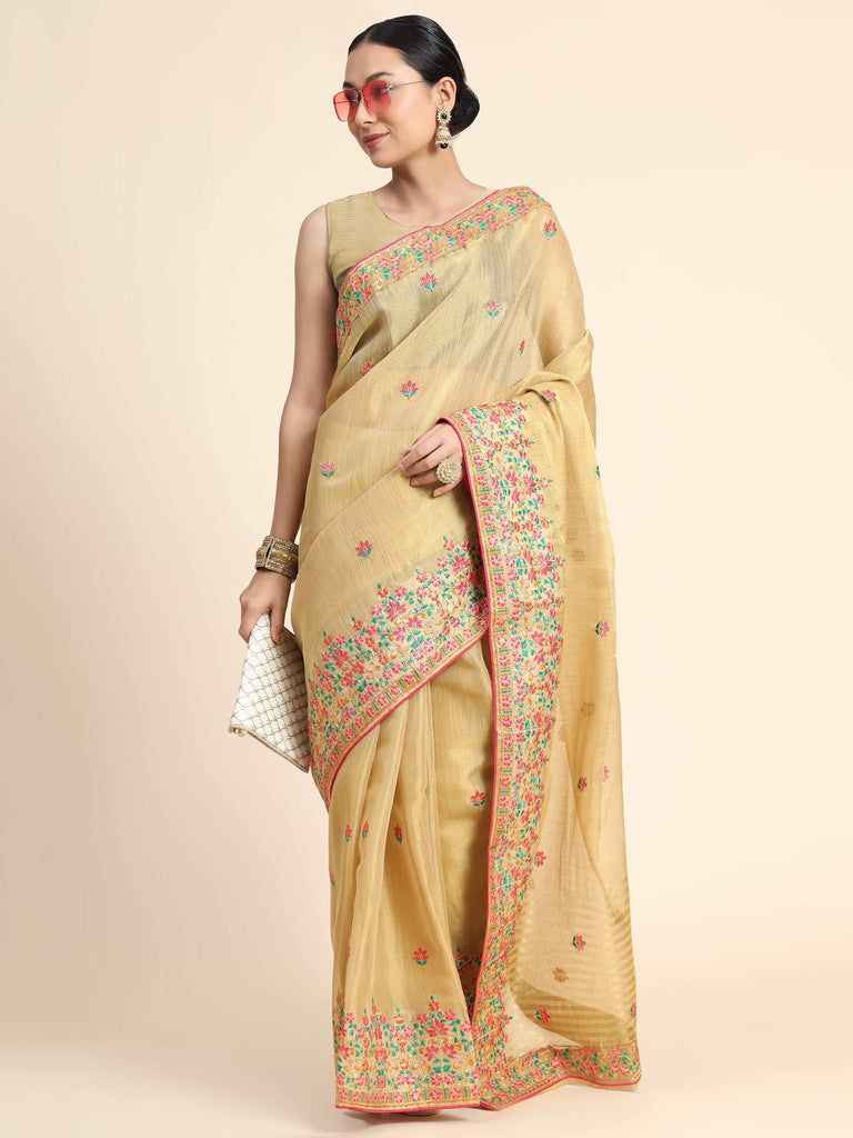 Gold Tissue Embroidered Panel Work Saree Chickoo Clothsvilla