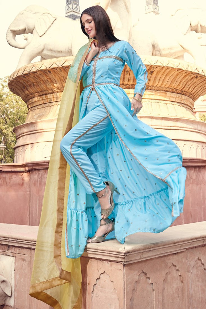 Blue Colored Semi Stitched Kurti & Unstitched Pant Set Clothsvilla