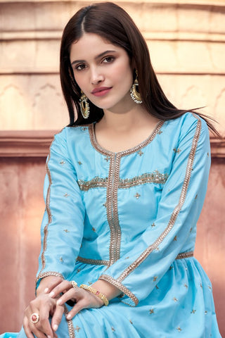 Blue Colored Semi Stitched Kurti & Unstitched Pant Set Clothsvilla