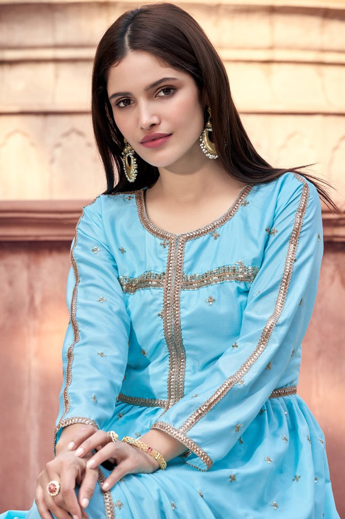 Blue Colored Semi Stitched Kurti & Unstitched Pant Set Clothsvilla