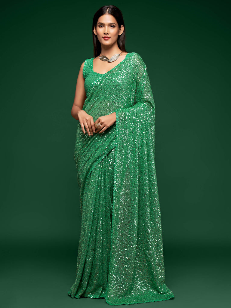 Lovely Mint Green Sequined Georgette Party Wear Saree ClothsVilla