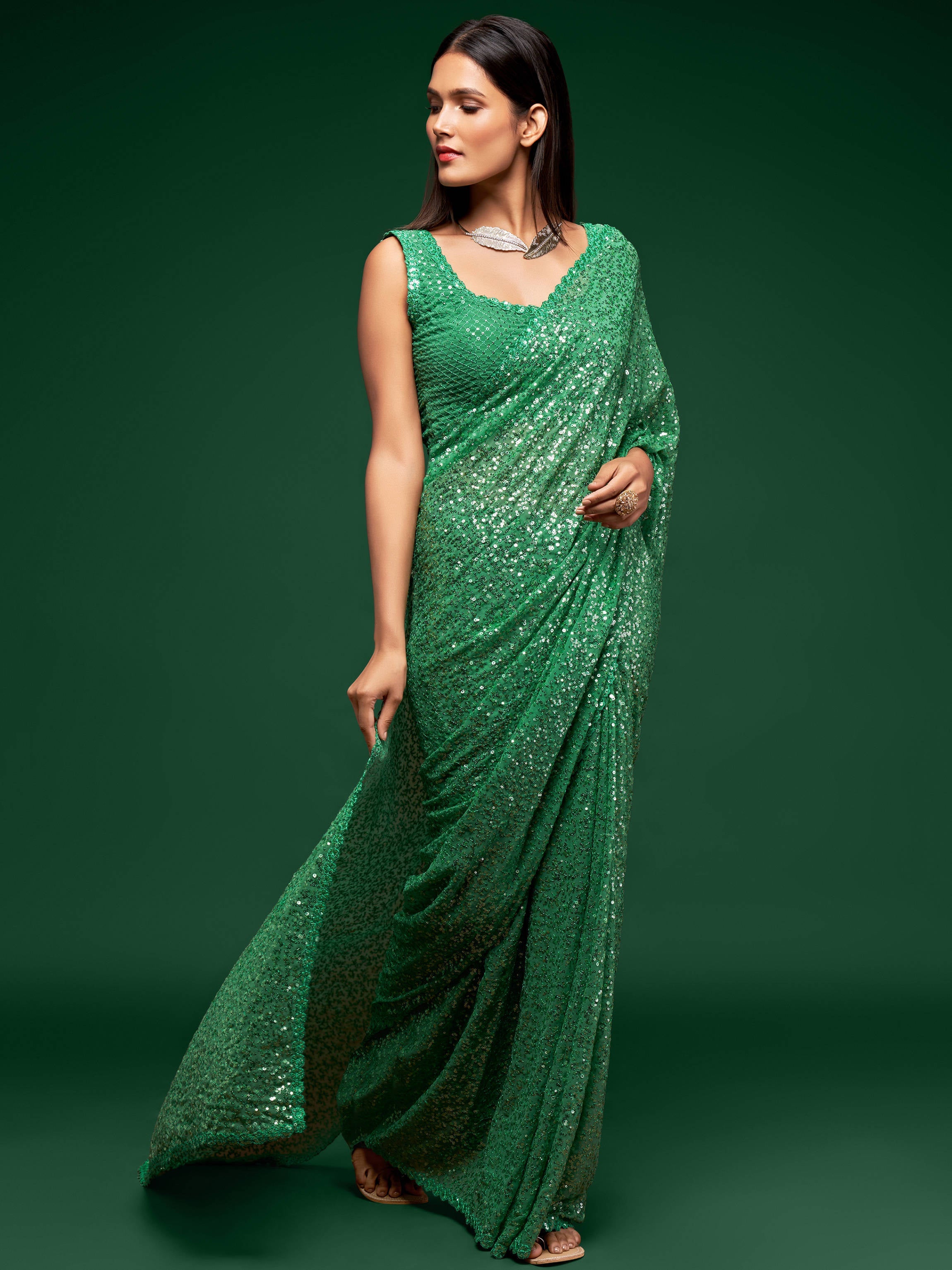 Lovely Mint Green Sequined Georgette Party Wear Saree Secondary image