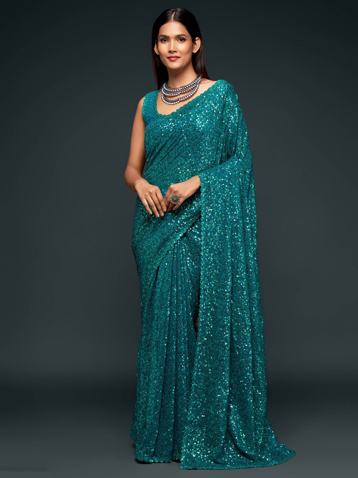 Attractive Teal  Blue Sequined Georgette Party Wear Saree ClothsVilla Main image
