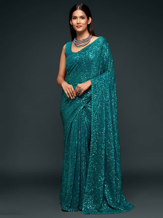 Attractive Teal  Blue Sequined Georgette Party Wear Saree ClothsVilla