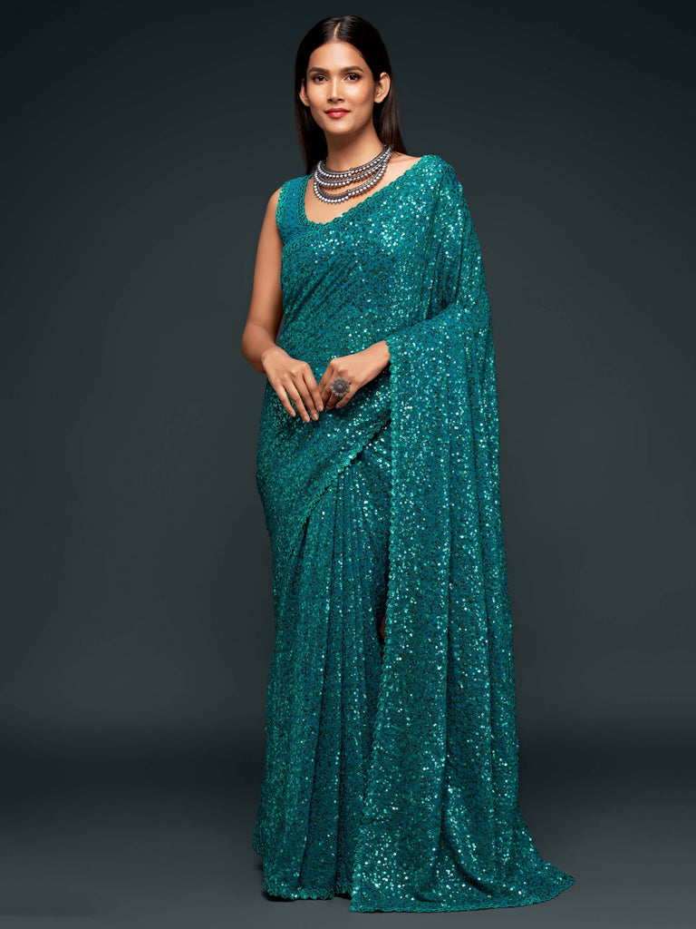 Attractive Teal  Blue Sequined Georgette Party Wear Saree ClothsVilla