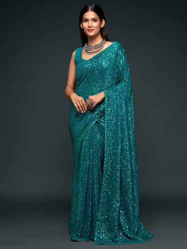 Attractive Teal  Blue Sequined Georgette Party Wear Saree ClothsVilla