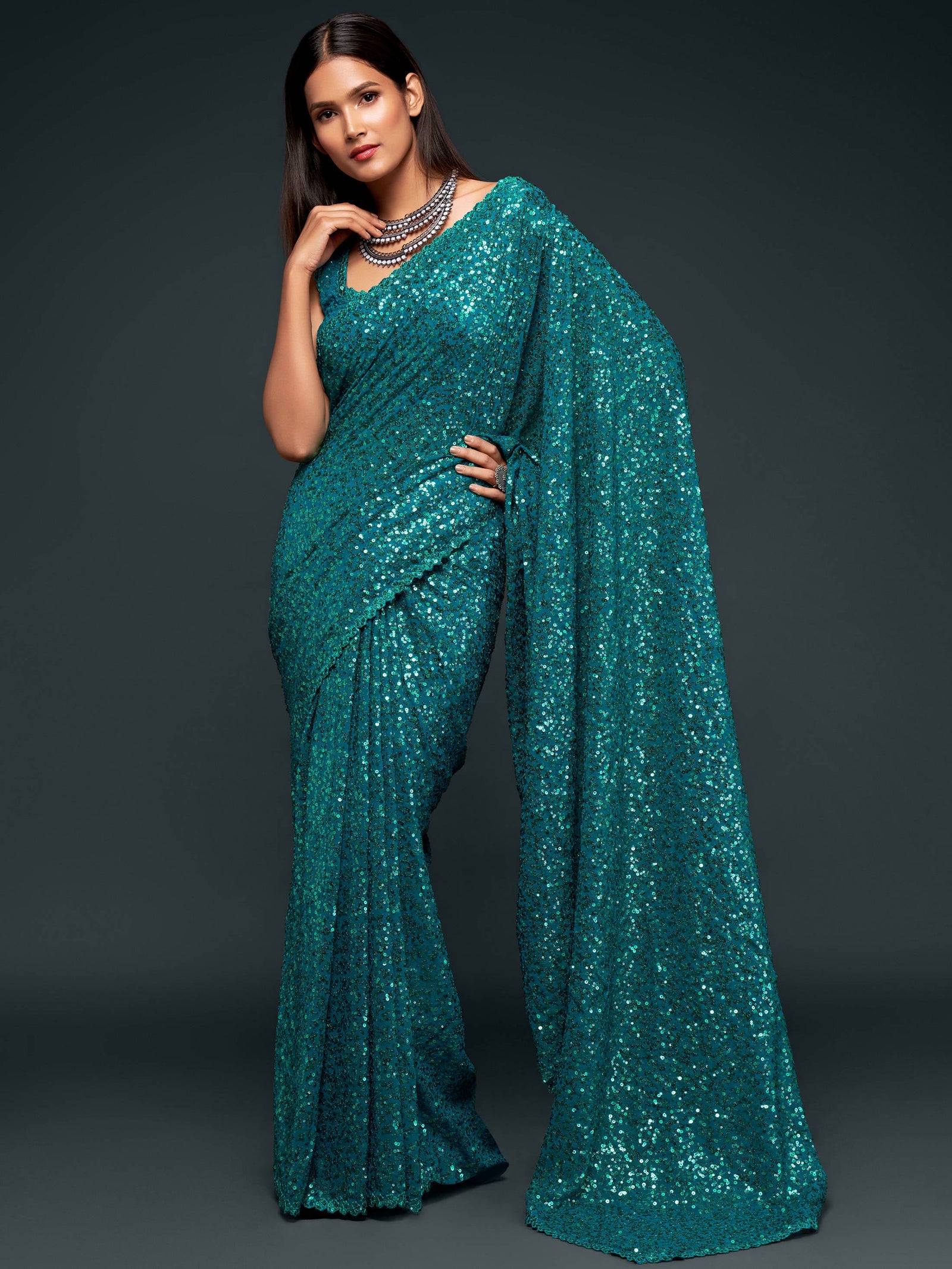 Attractive Teal  Blue Sequined Georgette Party Wear Saree ClothsVilla