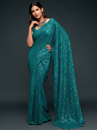 Attractive Teal  Blue Sequined Georgette Party Wear Saree ClothsVilla