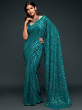 Load image into Gallery viewer, Attractive Teal  Blue Sequined Georgette Party Wear Saree ClothsVilla