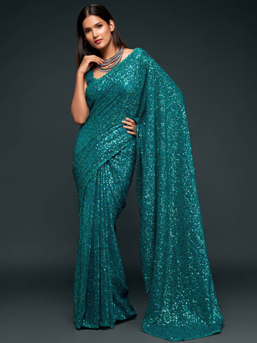 Attractive Teal  Blue Sequined Georgette Party Wear Saree ClothsVilla