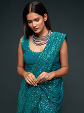 Load image into Gallery viewer, Attractive Teal  Blue Sequined Georgette Party Wear Saree ClothsVilla